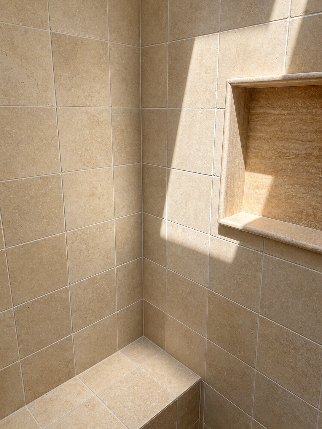 Sunlit stone-look tiled shower with a built-in niche and tiled bench